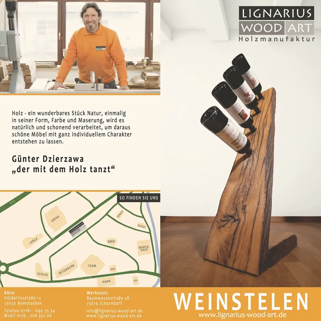 Professioneller Flyer für hochwertige Eichenholz-Weinstelen der Manufaktur Lignarius Wood Art.