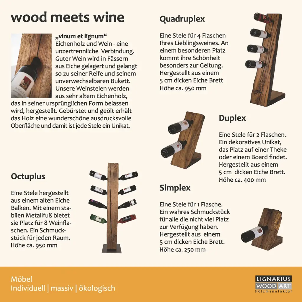 Detaillierte Produktinformationen und Design-Präsentation für handgefertigte Holzmöbel.