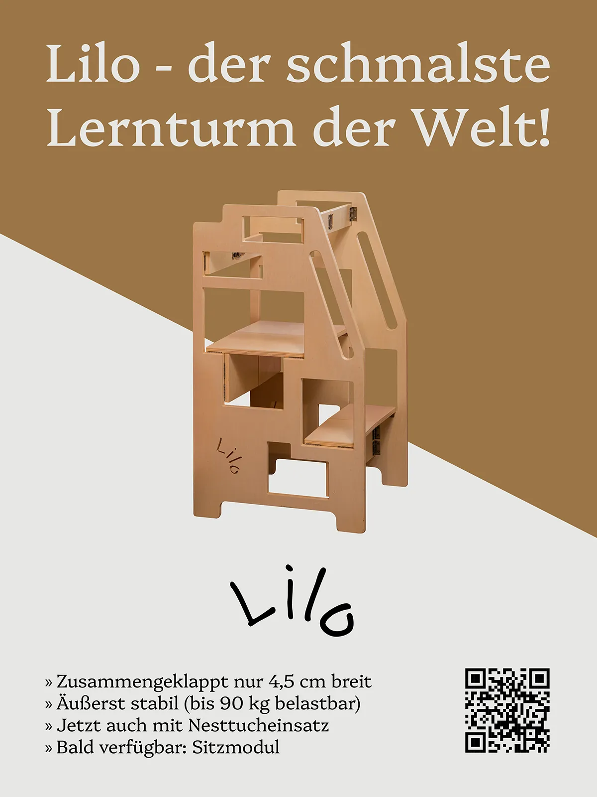 Großformatiges POS-Messebanner für den Lilo Lernturm im Format 150x200 cm mit technischer Feature-Auflistung, Markenlogo und QR-Code-Schnittstelle.