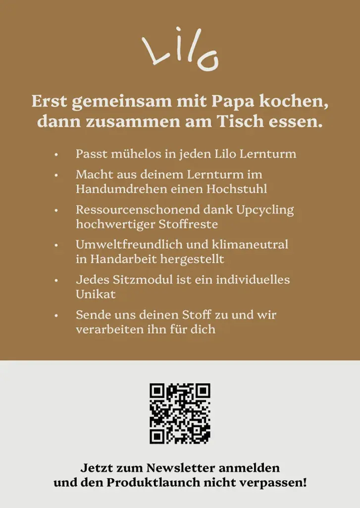 Flyer-Rückseite des Lilo Lernturms mit den Produktvorteilen zum nachhaltigen Sitzmodul-Upcycling und einem integrierten QR-Code zur Newsletter-Anmeldung.