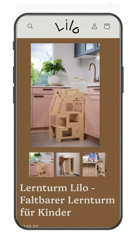 Mobile Produktseite des Lilo Lernturms im Shopify-Store, strategisch optimiert für hohe Conversion-Rates und intuitive Nutzerführung.