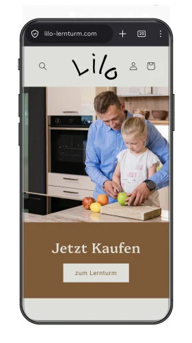 Responsives Mobile-First Webdesign der Startseite für den Lilo Lernturm Shopify-Shop mit klarem Call-to-Action.